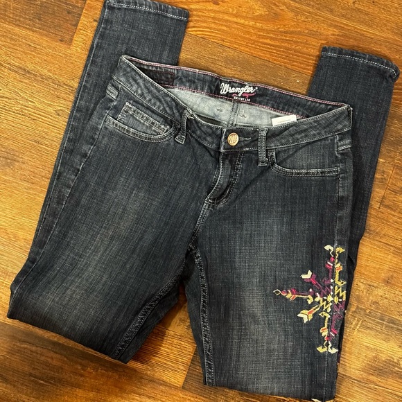 Wrangler Dark Blue Skinny Leg Jeans with Pink Stitching - Picture 2 of 8